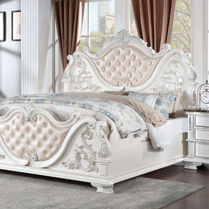 Furniture of America Esparanza Traditional Leatherette Marble Polyresin Solid with Wood Pearl White Bed Model CM7478WH-Queen Bed