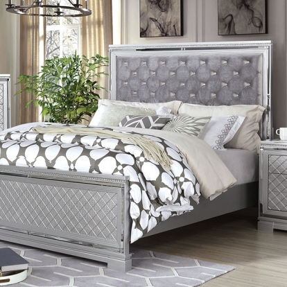 Furniture of America Belleterre Glam Mirror Velvet-Like Solid with Wood Veneer Silver Bed Model CM7518