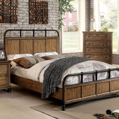 Furniture of America Mcville Industrial Solid with Wood Veneer Dark Oak Bed Model CM7558-Queen Bed
