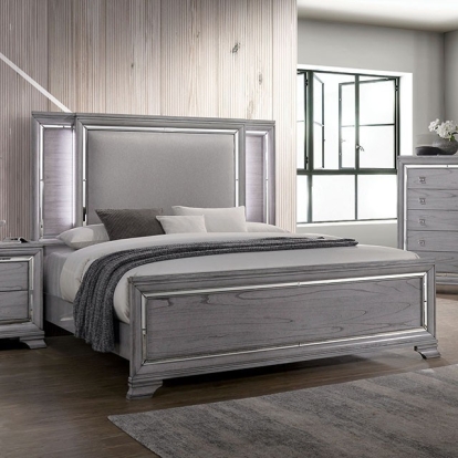 Furniture of America Alanis Contemporary Fabric Mirror Solid with Wood Light Gray Bed Model CM7579