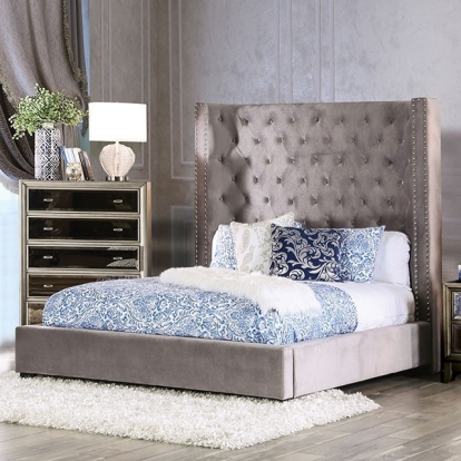 Furniture of America Mirabelle Transitional Velvet-Like Solid with Wood Gray Bed Model CM7679GY