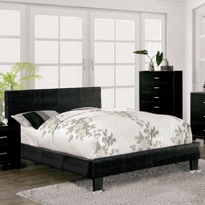 Furniture of America Wallen Contemporary Crocodile Leatherette Solid with Wood Black Bed Model CM7793BK-Queen Bed