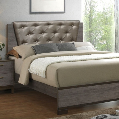 Furniture of America Manvel Contemporary Solid with Wood Others Leatherette Paper Veneer Two-Tone Antique Gray Bed Model CM7867-Full Bed