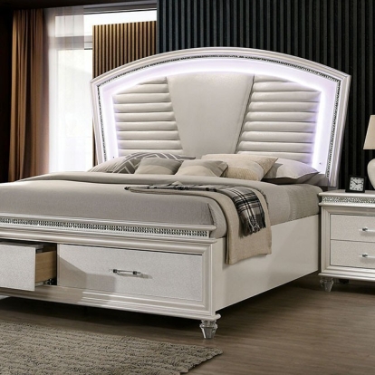 Furniture of America Maddie Contemporary Fabric Solid with Wood Pearl White-White Bed Model CM7899-EK-BED