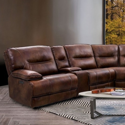 Furniture of America Louella Transitional Top Grain Leather Solid with Wood Brown Power Sectional Model CM9905-SECT