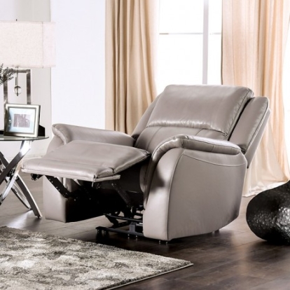 Furniture of America Gorgius Transitional Top Grain Leather Match Solid with Wood Light Gray Power Recliner Model CM9910ST-CH-PM