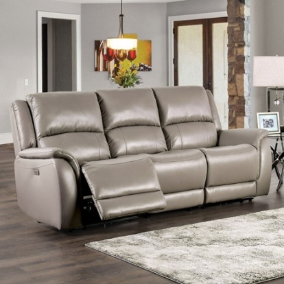 Furniture of America Gorgius Transitional Top Grain Leather Match Solid with Wood Light Gray Power Sofa Model CM9910ST-SF-PM-PK