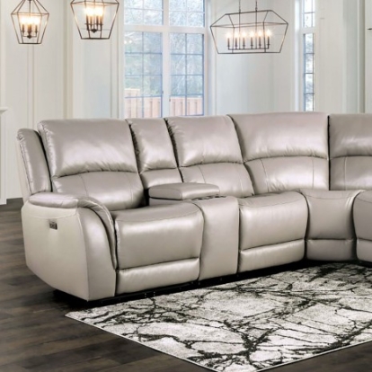 Furniture of America Gorgius Transitional Top Grain Leather Match Solid with Wood Light Gray Power Sectional Model CM9910ST-SECT-PM