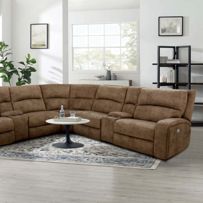 Furniture of America Apostolos Transitional Fabric Solid with Wood Brown Power Sectional Model CM9915BR-SECT-PM