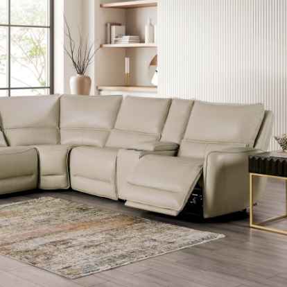 Furniture of America Hestia Transitional Top Grain Leather Match Solid with Wood Beige Power Sectional Model CM9920ST-SECT-PM