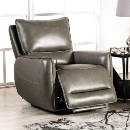 Furniture of America Phineas Transitional Top Grain Leather Match Solid with Wood Gray Power Recliner Model CM9921GY-CH-PM