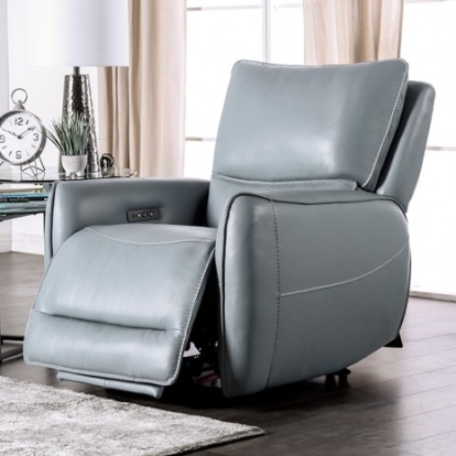 Furniture of America Phineas Transitional Top Grain Leather Match Solid with Wood Pale Blue Power Recliner Model CM9921PB-CH-PM