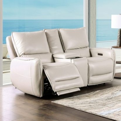 Furniture of America Phineas Transitional Top Grain Leather Match Solid with Wood Beige Power Loveseat Model CM9921ST-LV-PM