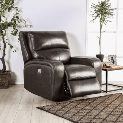 Furniture of America Soterios Transitional Top Grain Leather Match Solid with Wood Charcoal Power Recliner Model CM9924DG-CH-PM
