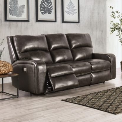 Furniture of America Soterios Transitional Top Grain Leather Match Solid with Wood Charcoal Power Sofa Model CM9924DG-SF-PM