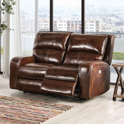 Furniture of America Soterios Transitional Top Grain Leather Match Solid with Wood Medium Brown Power Loveseat Model CM9924MB-LV-PM