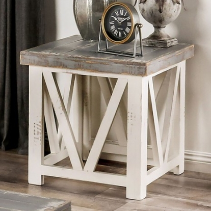 Furniture Of America Halton Hills Rustic Fsc Certified Solid Wood Brazilian Pine Vintage Ivory/Weathered Gray End Table | EM4001IV-E