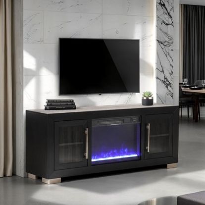 Furniture Of America Ashbourne Contemporary Acacia Veneer, Engineered Wood, Solid Wood Black 60" Tv Stand W/ Fire Place | FM-AC415BK-TV-60