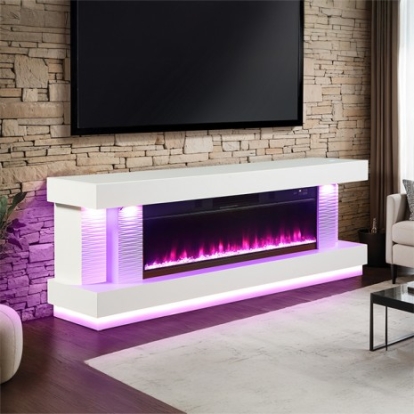 Furniture Of America Peseux Contemporary Engineered Wood, Glass, Metal, Pine White 71" Tv Stand W/ Electric Fire Place | FM-AC8009WH-TV