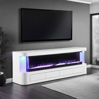 Furniture Of America Luken Contemporary Engineered Wood, Glass, Metal, Pine White 71" Tv Stand W/ Electric Fire Place | FM-AC8010WH-TV