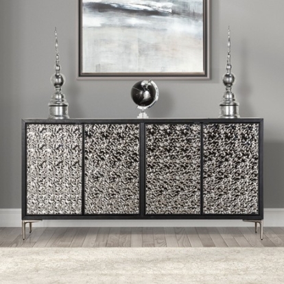 Furniture Of America Beckham Modern Contemporary Engineered Wood, Oak Veneer, Solid Rubberwood, Stainless Steel Weathered Black/Silver 4-Door Cabinet | FM-AC9000SV