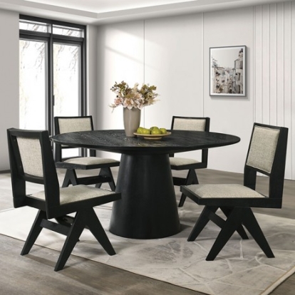 Furniture of America Tottenham Contemporary Engineered with Wood Fabric Oak Veneer Solid Rubberwood Black 59" Round Dining Table Model FM3222BK-RT-59-TABLE