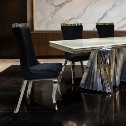 Furniture of America Basilicata Glam Fabric Sintered Stone Stainless Steel Chrome Dining Table Model FM33001SV-T-TABLE