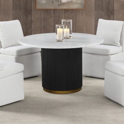 Furniture of America Varde Contemporary Boucle Chenille Fabric Engineered with Wood Marble Metal Black-White Round Dining Marble Table Model FM3431WH-RT-TABLE