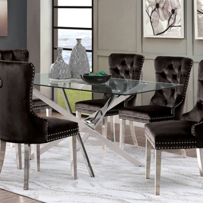 Furniture Of America Silveria Contemporary Flannelette, Stainless Steel, Tempered Glass Chrome Dining Table | FM37001SV-T-TABLE