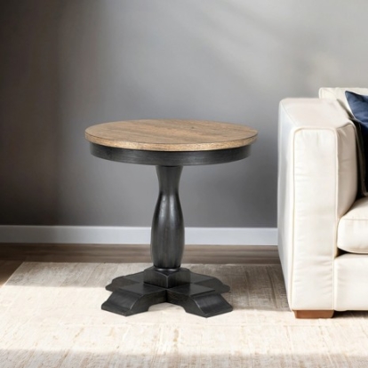 Furniture of America Neue Mills Modern Farmhouse Engineered with Wood Oak Veneer Solid Rubberwood Weathered Black-Brown Round End Table Model FM40009BK-ER