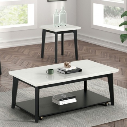 Furniture Of America Thisted Contemporary Engineered Wood, Marble, Solid Wood White/Black Rectangle Marble Coffee Table W/ Casters | FM44002WH-CR