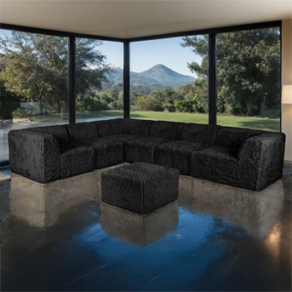 Furniture Of America Nappi Contemporary Compressed Foam, Faux Fur Black Large L-Sectional W/ Ottoman (Compressed Foam) | FM62102BK-SECT-L+OT