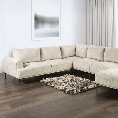Furniture of America Gladbach Contemporary Chenille Metal Solid with Wood Light Brown J-Shaped Sectional Model FM63007LB-SECT-J
