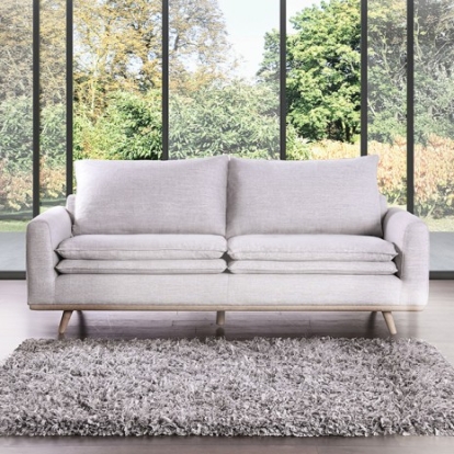 Furniture of America Monthey Mid-Century Modern Cotton-Linen Blend Solid with Wood Oak-Light Gray Sofa Model FM63008OA-LG-SF