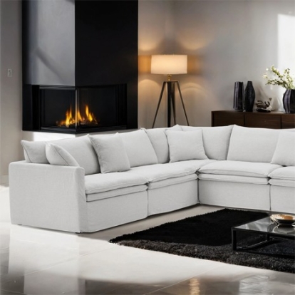 Furniture of America Crayford Traditional Engineered with Wood Feather Blend Foam Linen Solid with Wood Light Gray L-Sectional Model FM63010LG-SECT