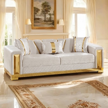 Furniture Of America Valdosta Glam Fabric, Plastic, Stainless Steel, Solid Wood, Others Beige/Gold Sofa | FM67001BG-SF