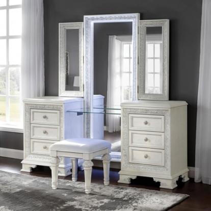 Furniture Of America Stella Mia Traditional Ash Burl Veneer, Engineered Wood, Fabric, Foam, Oak Veneer, Pinewood Creamy White Vanity Set | FM70000WH-V-SET-STOOL