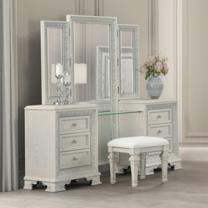Furniture of America Stella Mia Traditional Ash Burl Veneer Engineered with Wood Fabric Foam Oak Veneer Pinewood Creamy White Vanity Set Model FM70000WH-V-SET