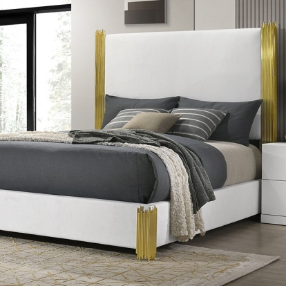 Furniture of America Basildon Contemporary Engineered with Wood Fabric Foam Melamine Metal Paper Rubberwood White-Gold Dark Brown Bed Model FM7271WH