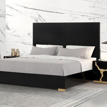 Furniture of America Goldsberg Contemporary Birch Engineered with Wood Pinewood Poplar Black Black-Gold Bed Model FM7425BK-P