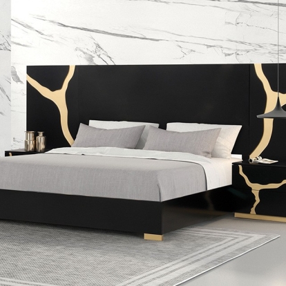 Furniture of America Goldsberg Contemporary Birch Engineered with Wood Pinewood Poplar Black-Gold Bed Model FM7425BK-WP