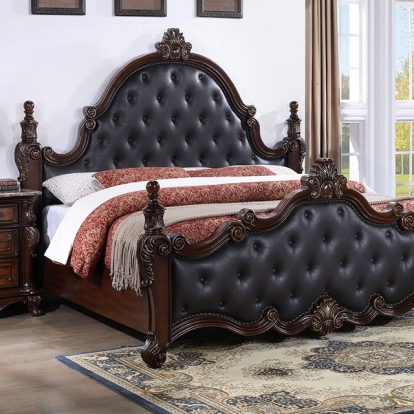 Furniture of America Cremona Traditional Leatherette Solid with Wood Veneer Dark Cherry Bed Model FM7637CH-Queen Bed