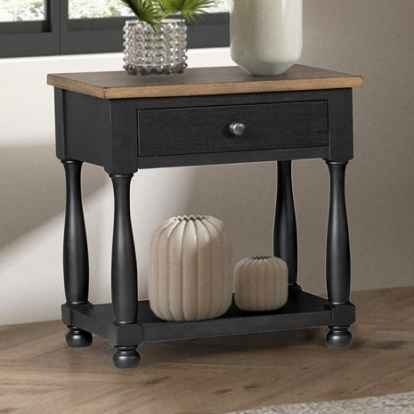 Furniture of America Neue Mills Modern Farmhouse Engineered with Wood Oak Veneer Solid Rubberwood Farmhouse Black-Rustic Oak 1-Drawer Nightstand Model FM79009BK-N1