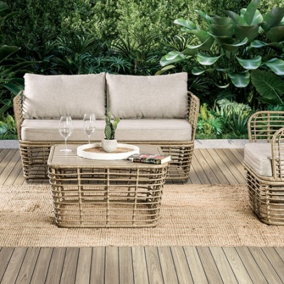 Furniture Of America Johari Contemporary Fabric, Foam, Pe Rattan, Steel Natural/Beige 4 Pc. Conversation Set | FM80016NT-4PC-BN-CHAIR