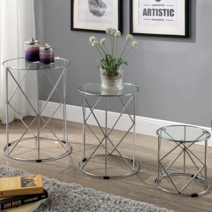Furniture Of America Madyson Transitional Metal, Tempered Glass, Others Chrome 3 Pc. Nesting Table | FOA-AC310-3A