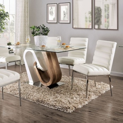 Furniture of America Cilegon Contemporary Metal Replicated with Wood Tempered Glass White-Natural Tone Dining Table Model FOA3748T-TABLE