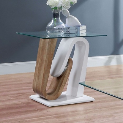 Furniture of America Batam Contemporary Metal Replicated with Wood Tempered Glass White-Natural Tone End Table Model FOA4748E-TABLE