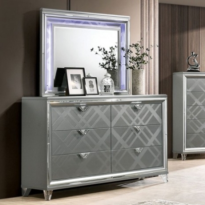 Furniture of America Emmeline Contemporary Mirror Solid with Wood Veneer Silver Dresser Model FOA7147D