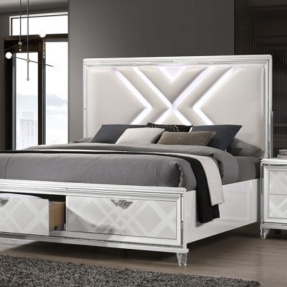 Furniture of America Emmeline Contemporary Leatherette Mirror Solid with Wood Veneer White Bed Model FOA7147WH-Queen Bed