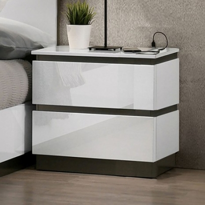 Furniture of America Birsfelden Contemporary Solid with Wood Veneer White-Metallic Gray Night Stand Model FOA7225WH-N